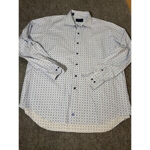 David Donahue Shirt Mens 2XL Blue White Geometric Cotton Button Up Long Sleeve